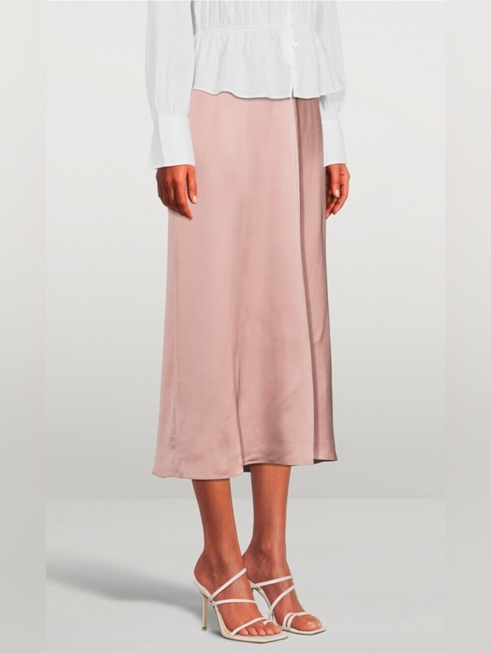 VINCE Satin Draped Pleated Midi Skirt Taupe Size 0 Quiet Luxury Minimalist